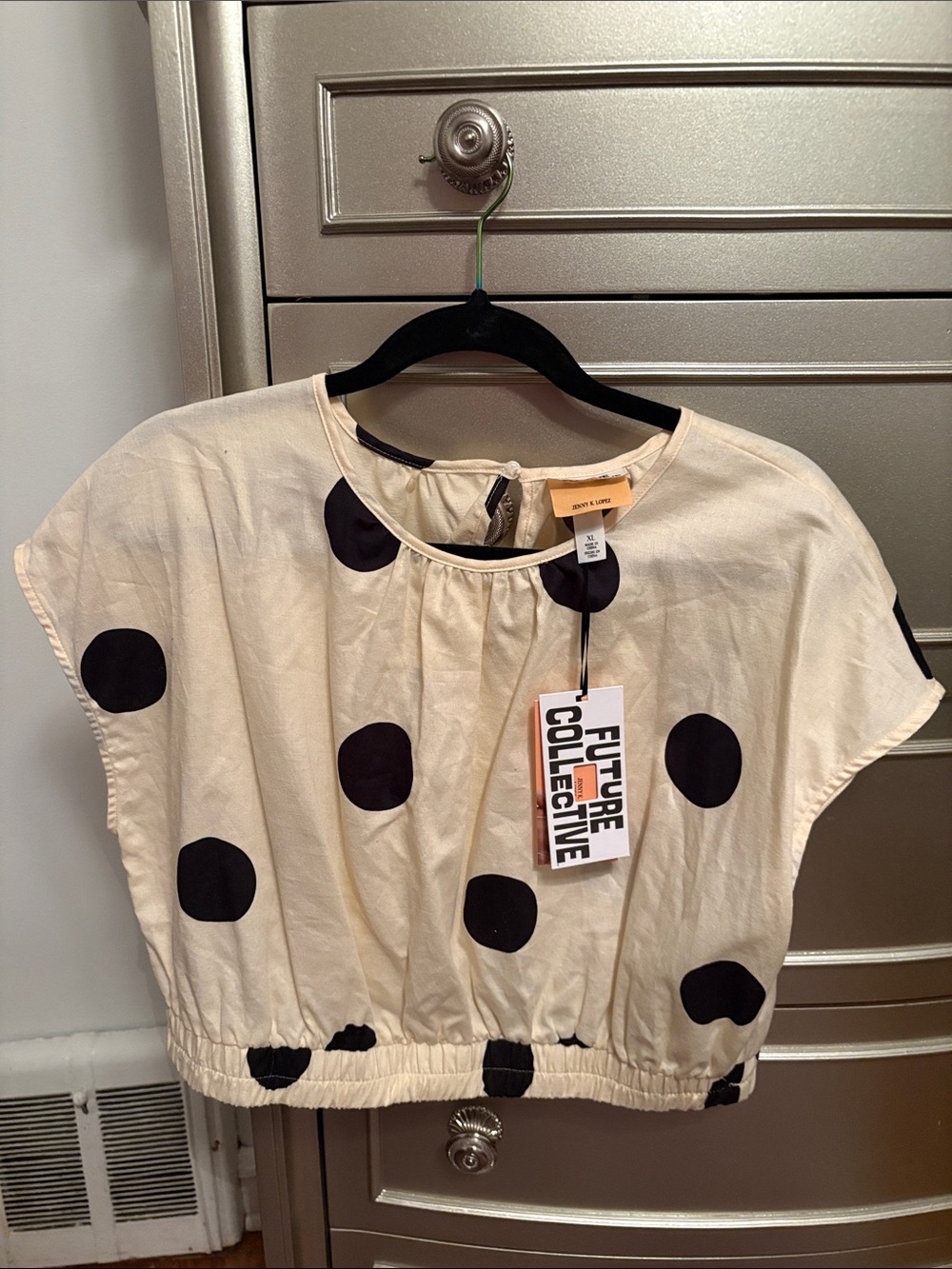 Polka Dot Cream Crop Top with Elastic Hem